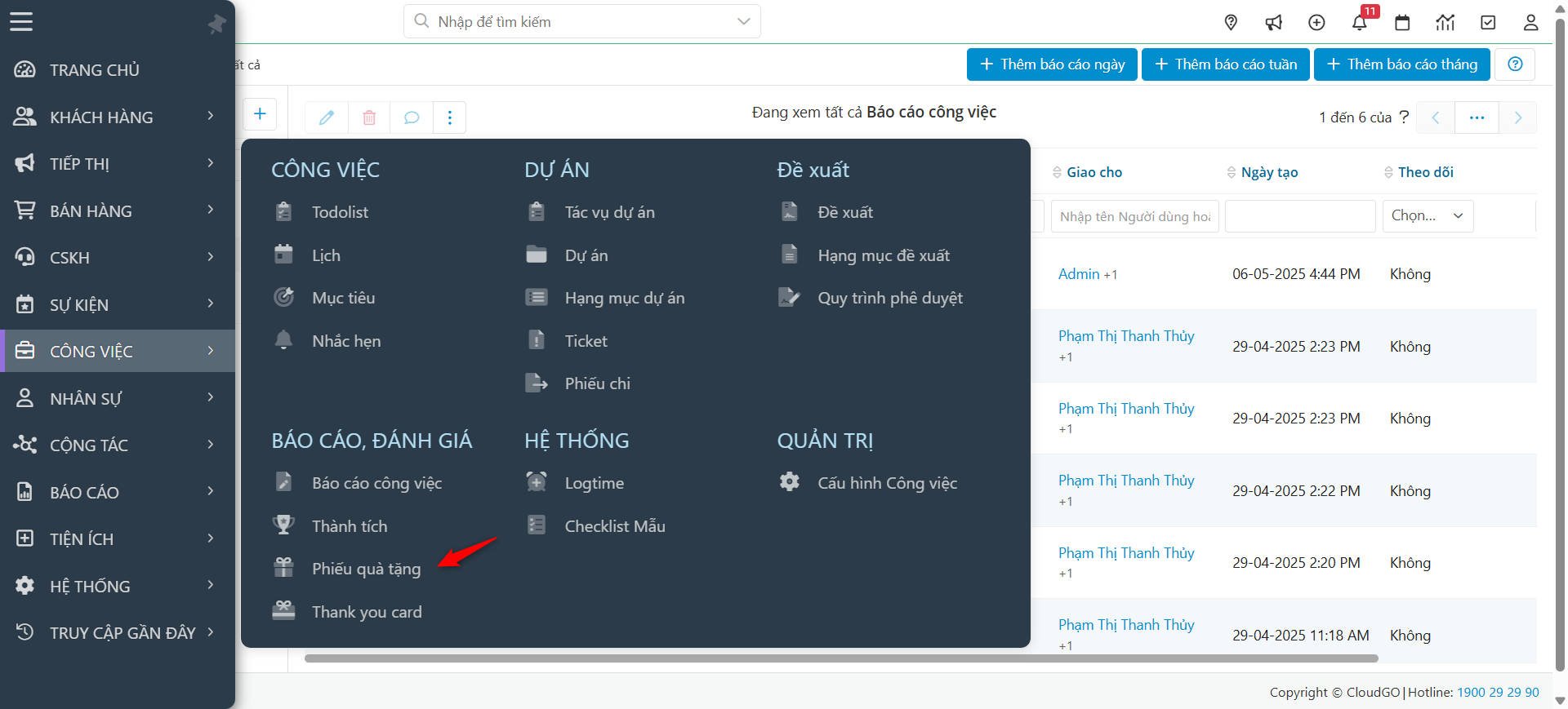 Truy cập module Phiếu quà tặng