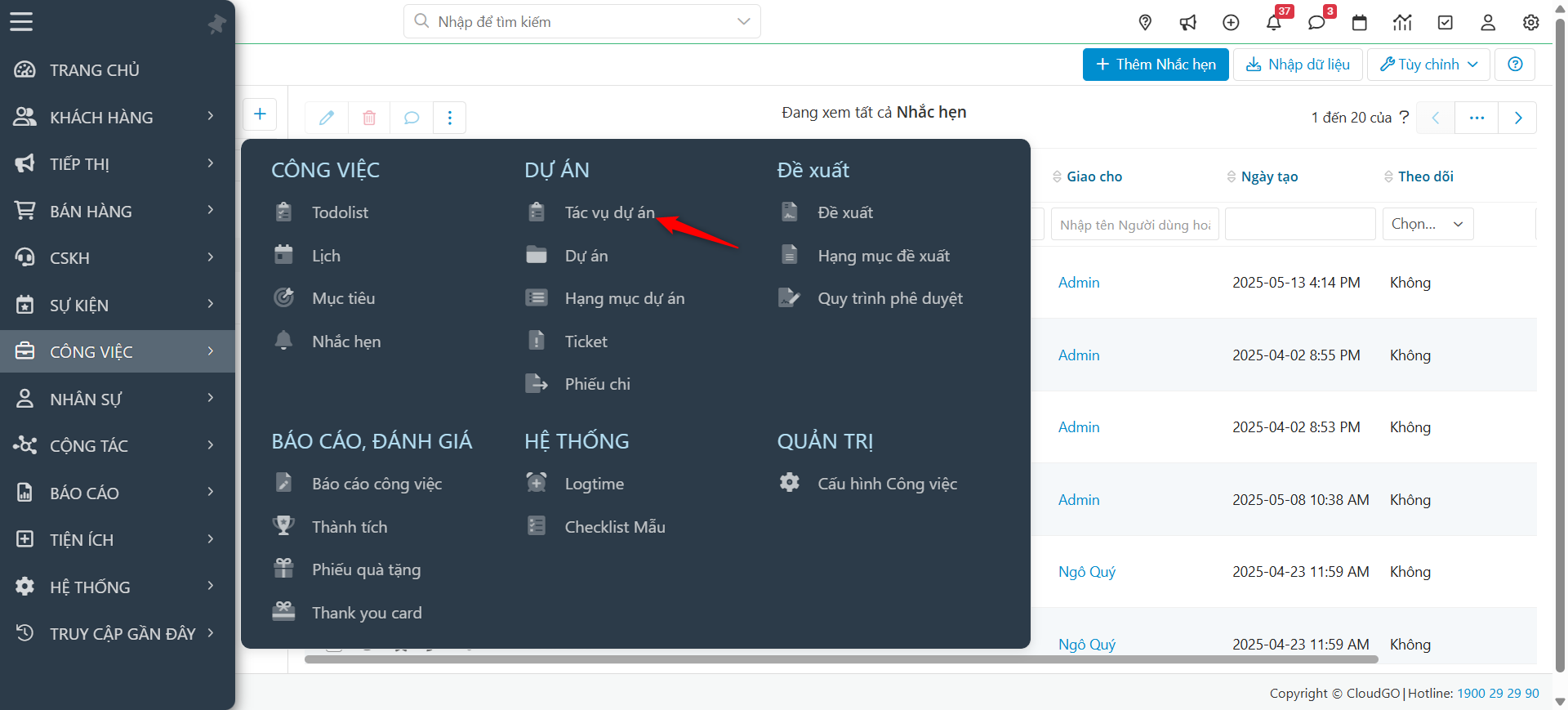 Màn hình module Tác vụ dự án