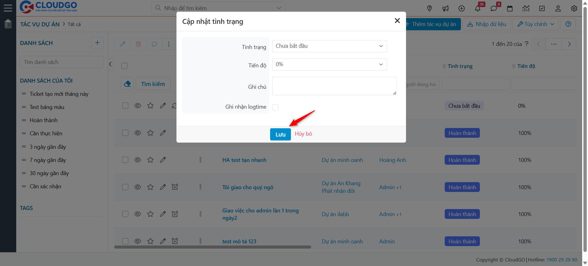 Cập nhật tình trạng tác vụ dự án
