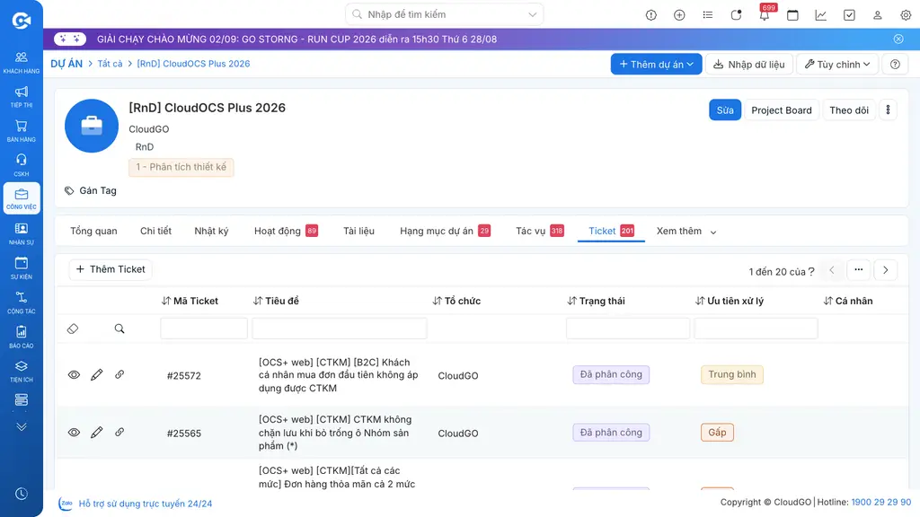 Danh sách Ticket trên chi tiết dự án với nút Thêm