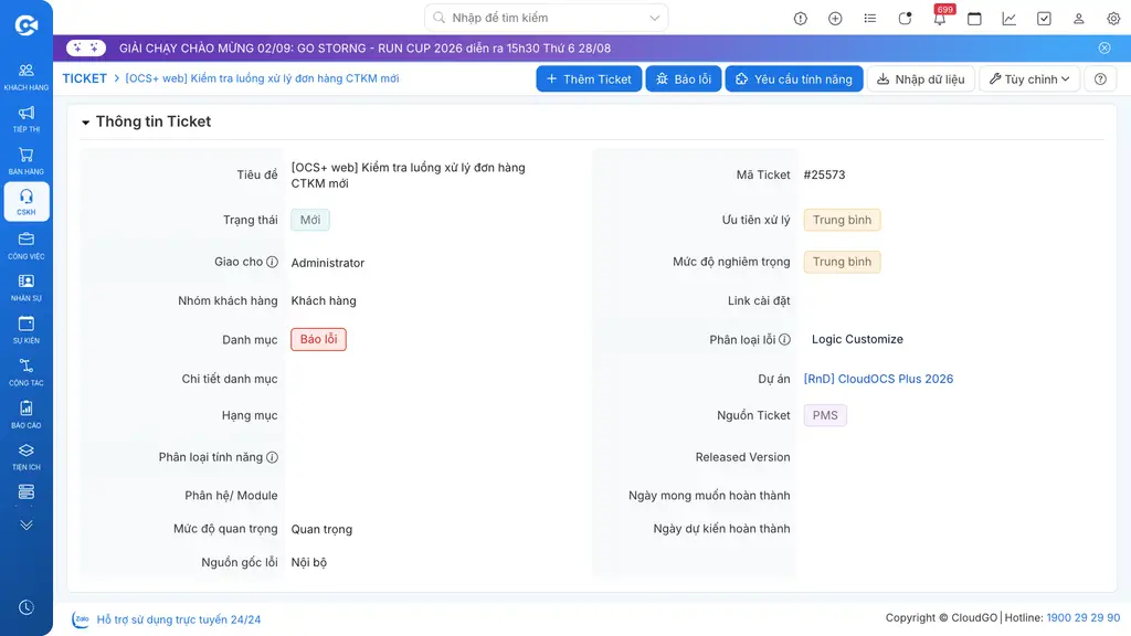 Trường Dự án trên chi tiết Ticket