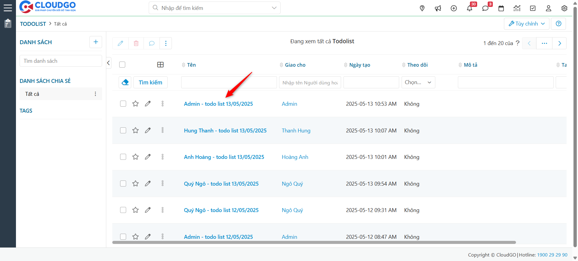 Xem Todo list của nhân viên theo ngày