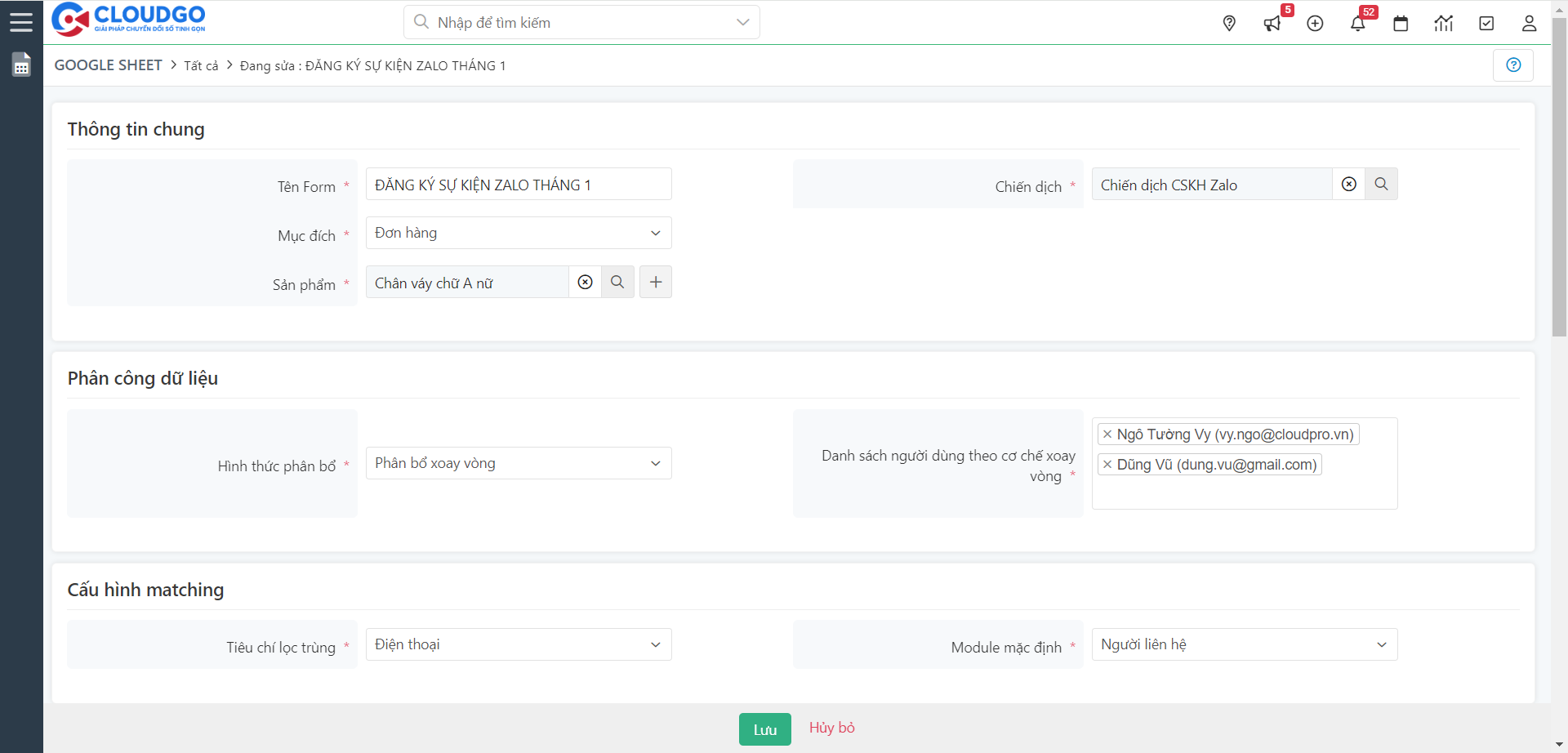 Màn hình chỉnh sửa Google Sheet
