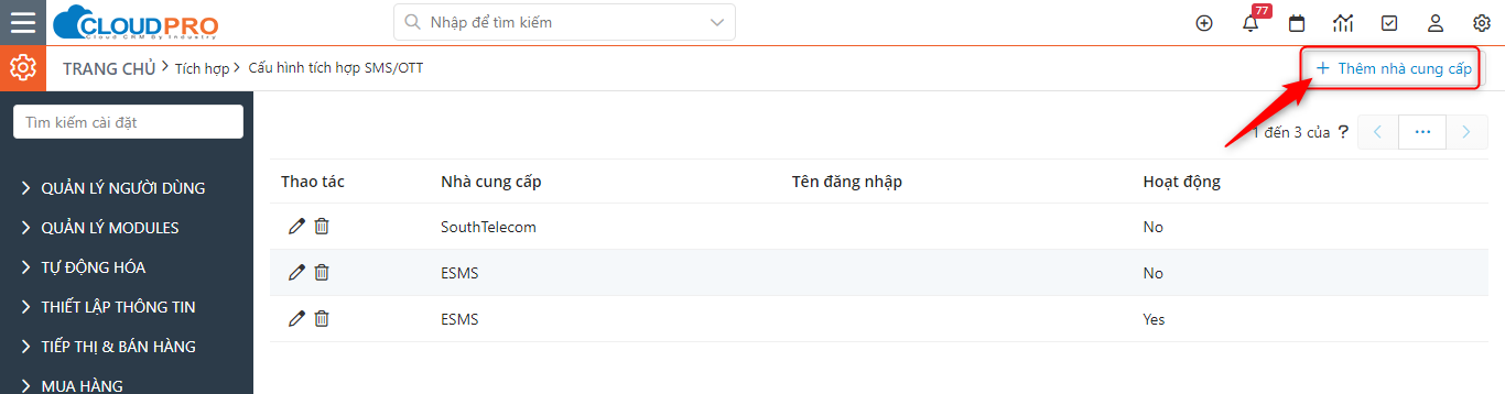 Màn hình danh sách nhà cung cấp SMS/OTT với nút Thêm nhà cung cấp được khoanh đỏ