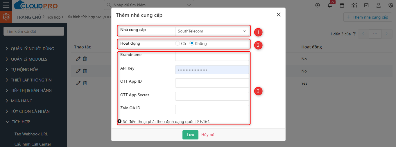 Popup Thêm nhà cung cấp với các trường Nhà cung cấp, Hoạt động, Brandname, API Key, OTT App ID, OTT App Secret, Zalo OA ID
