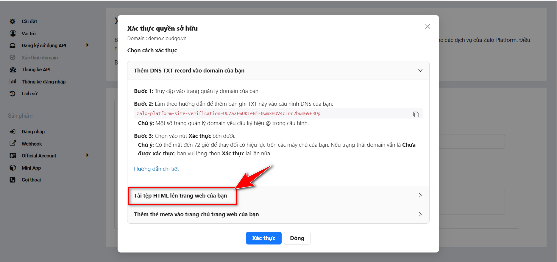 Chọn phương thức Tải tệp HTML lên trang web để xác thực domain